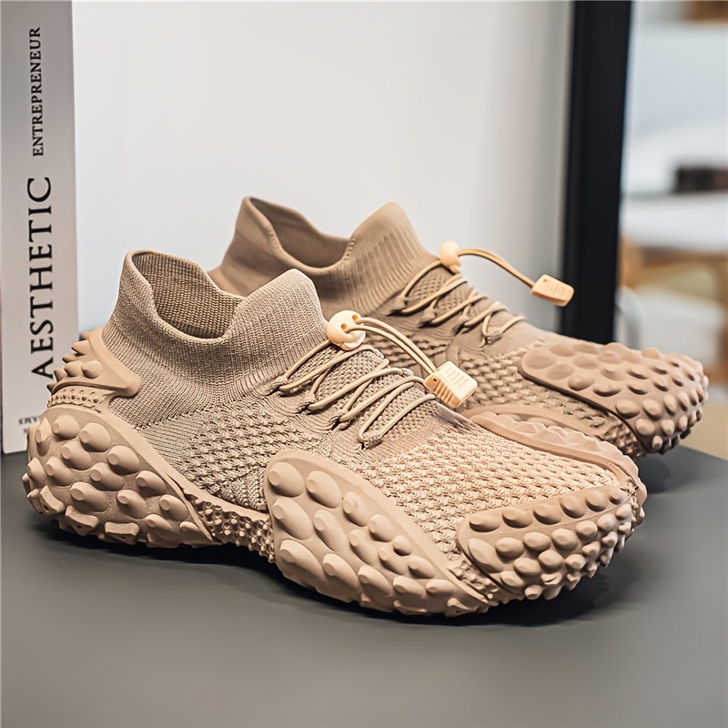 Sand-colored Knitted Mesh Outdoor Shoes with Particle Detailing, Low-Top Thick-Soled Dad Sneakers, Slip-On with Drawstring, Casual Breathable Athletic Running Shoes, Plus Size Men's Shoes