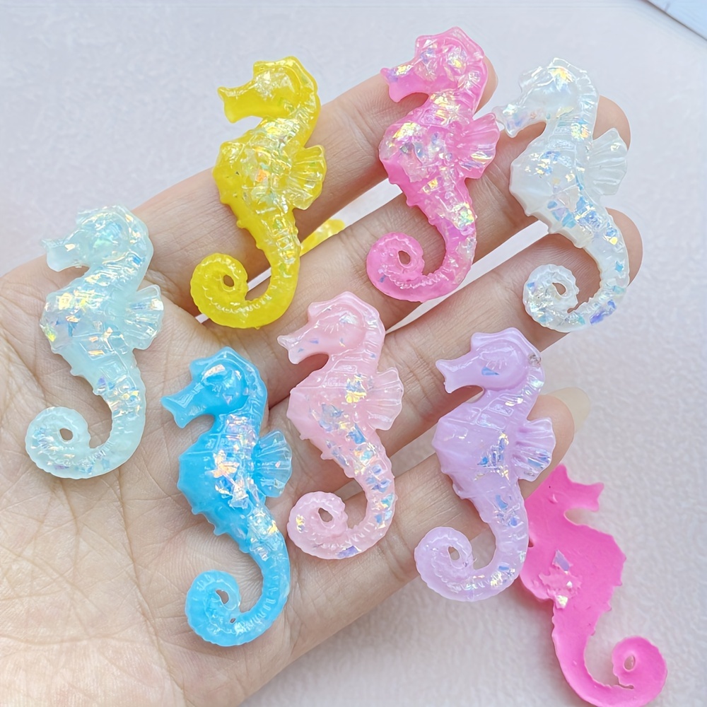 

7-piece Cartoon Ocean Series Resin Sea Horse Figurines With Sparkling Details - Perfect For Diy Jewelry, Scrapbooking, And Crafts