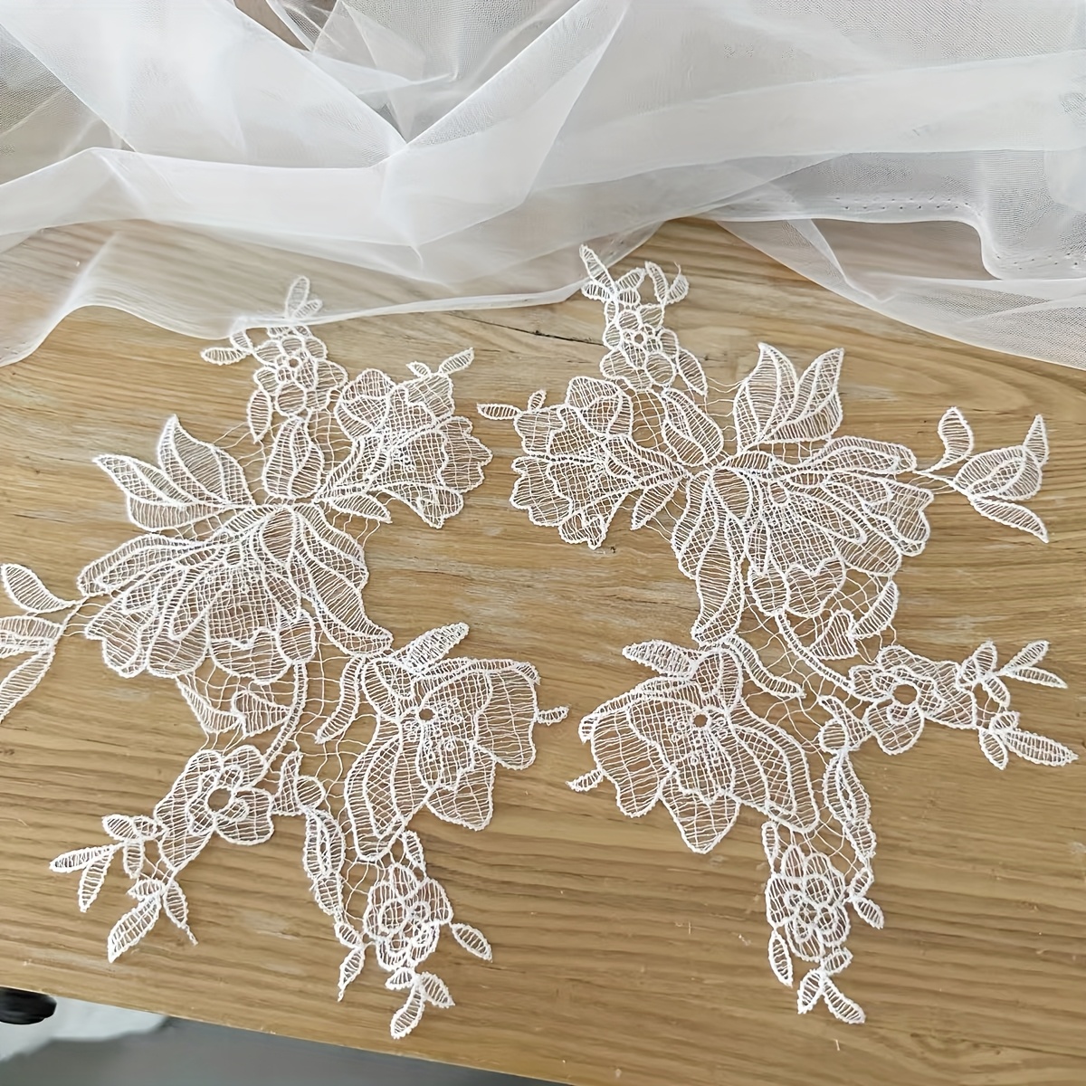 TEMU 2pcs Elegant Black & Beige Floral Lace Embroidery - Perfect For Wedding Dresses, Veils & Dress Decorations, Sewn Mount Style, Wedding Dress