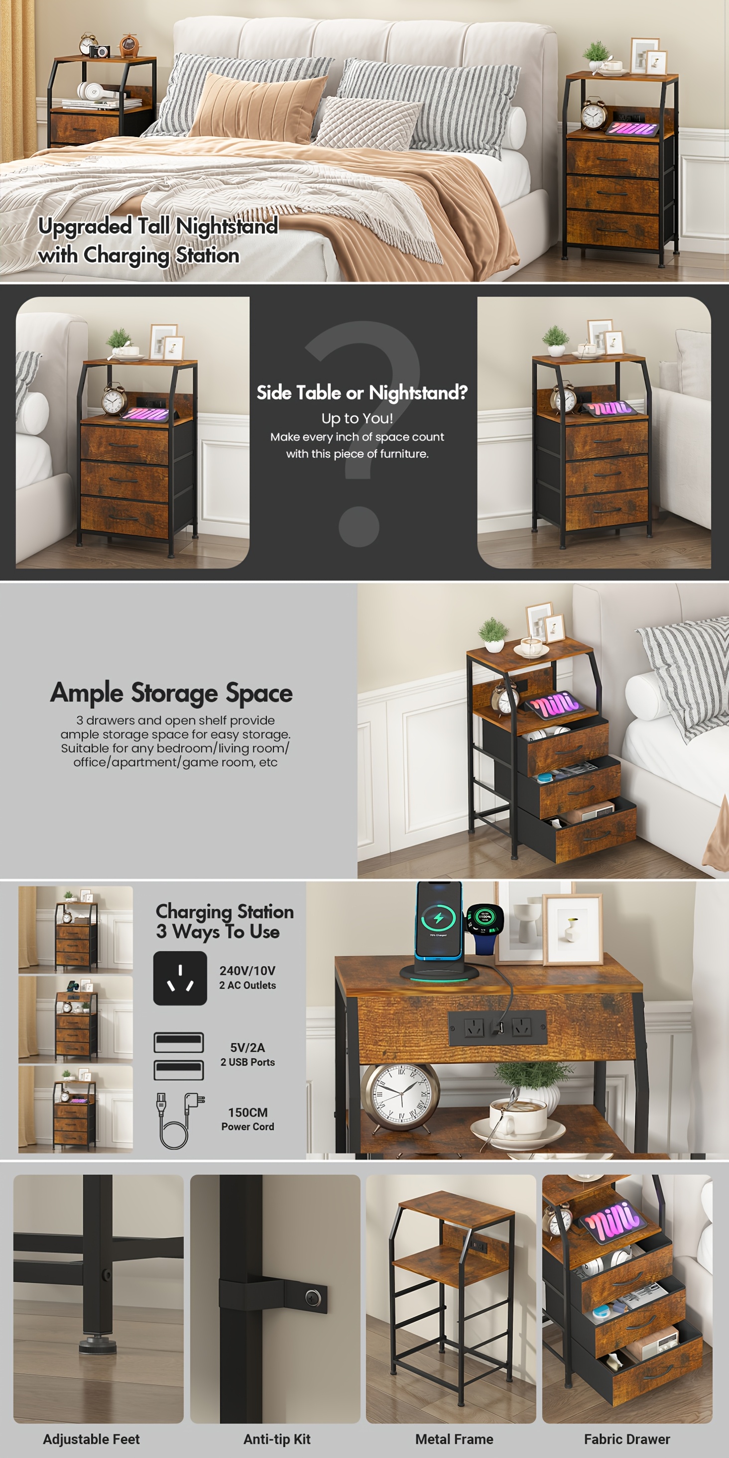   bedside table with charging station compact nightstand with 3 drawers   saving design heavy duty bedside furniture for bedroom entryway living room rustic brown   entryway storage farmhouse decor     multifunctional shelf home organizers Product details 0