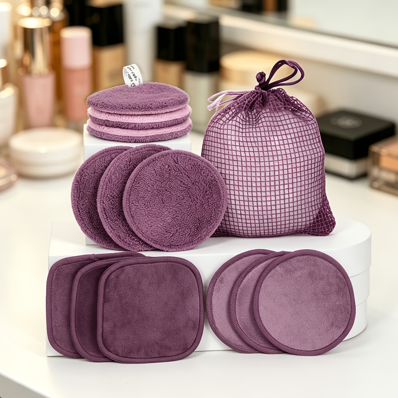 TEMU 12 Face Rounds With 1 Bag For Laundry & Storage, Reusable Makeup Remover Pads, Washable Face Cleaning Rounds, Soft & Exfoliating Reusable Face