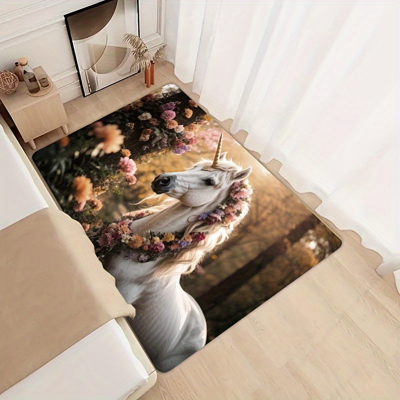 

Tapis de sol blanc épaisseur 8mm avec motif cheval licorne pour chambre d'e-sport, salle de bain, cuisine, salon, chambre à coucher, porte d'entrée, lavable en machine, décoratif.