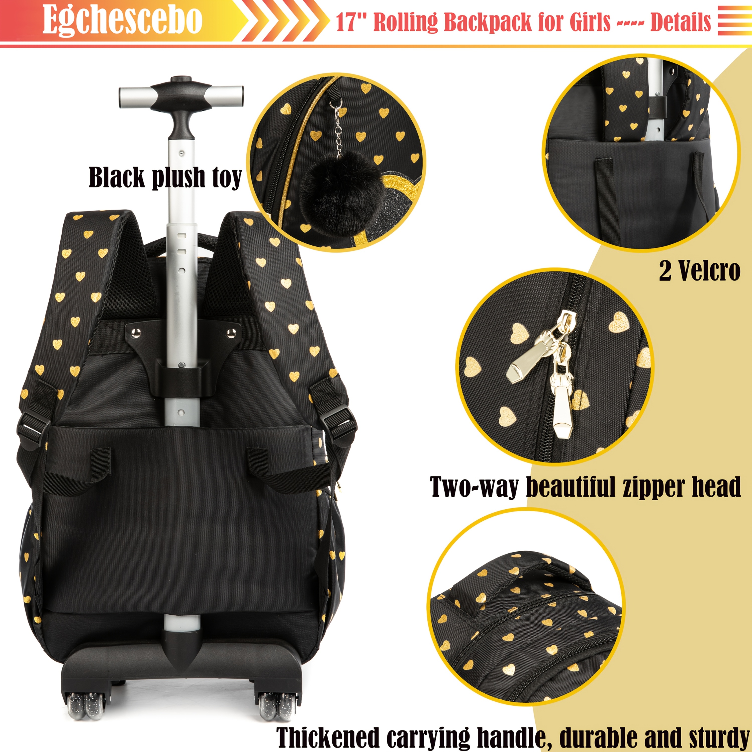 Egchescebo Kids Rolling Backpack For Girls Luggage Backpacks For Elementary, Pink-12814, 17, Travel Backpacks