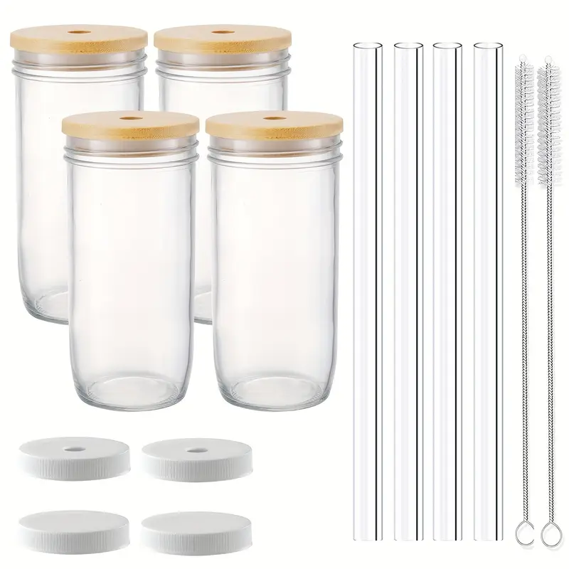 4pcs glasses with lids and straws thickened glass 24 oz smoothie cups reusable drinking glasses iced coffee cups boba cups mason jar cups with sealed lids Product details 4