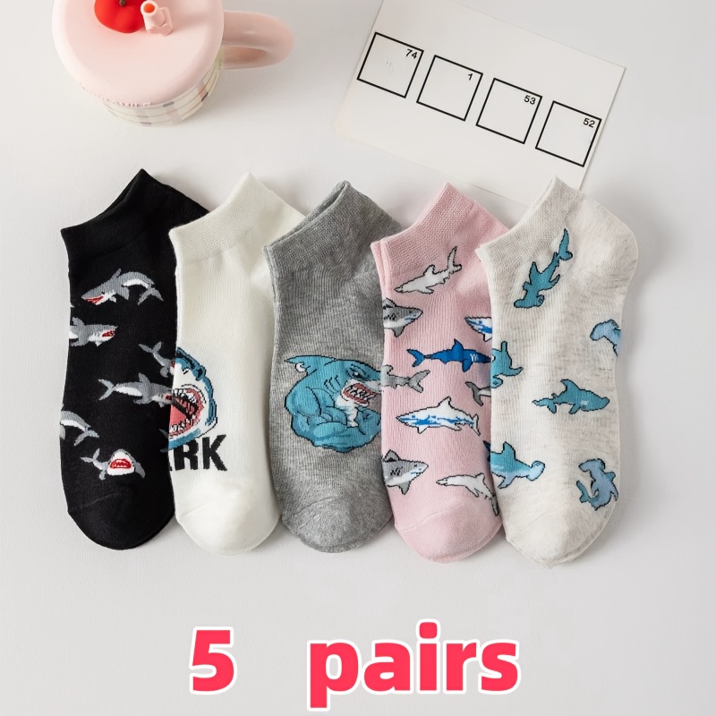 Image of 5 Pairs Women's Cartoon Shark Ankle Socks - Breathable Summer Short Socks With Shark Patterns, Assortment, Machine Washable For Casual & Beach Outfits, Shark Socks, , Fun Prints, , Sock Lovers