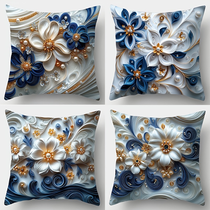 

4pcs Elegant Floral Throw Pillow Covers Set - Luxurious Blue, White & Golden Designs On Soft Polyester, Zippered, Machine Washable - Ideal For Living Room Decor