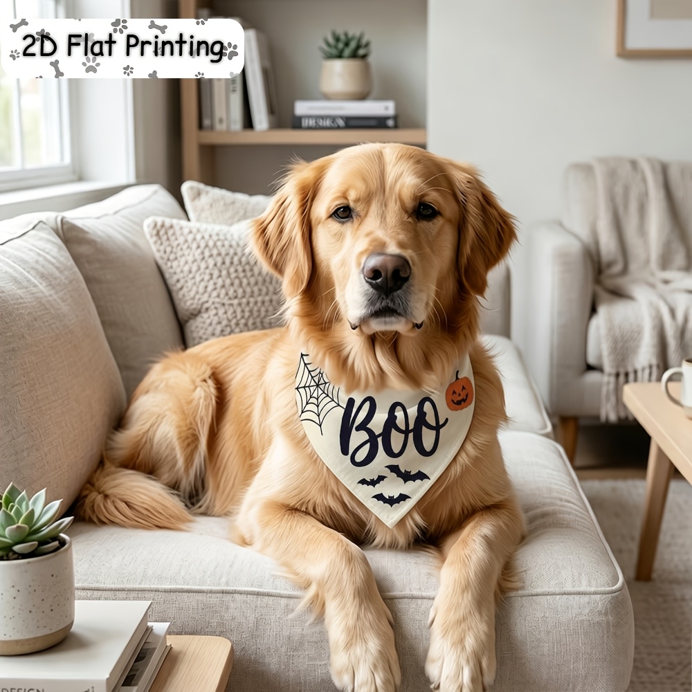 TEMU Pañuelo bandana de Halloween para perro, pañuelo triangular para mascotas con estampado "Boo" y de calabaza, murciélago y , pañuelo y ajustable
