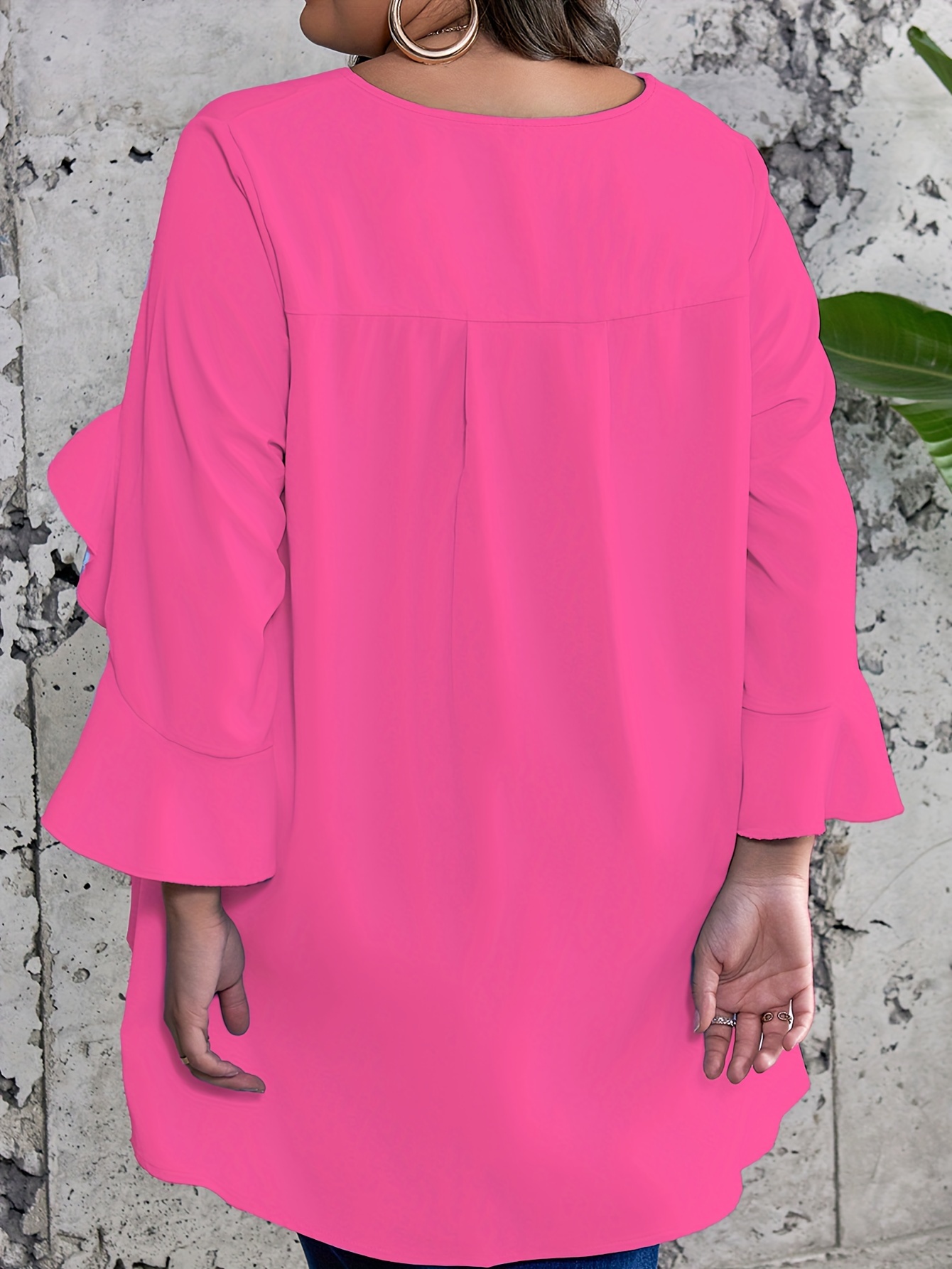 Plus Size Solid Ruffle Sleeve Blouse, Casual Crew Neck Irregular Hem Blouse For Spring, Women's Plus Size?Clothing