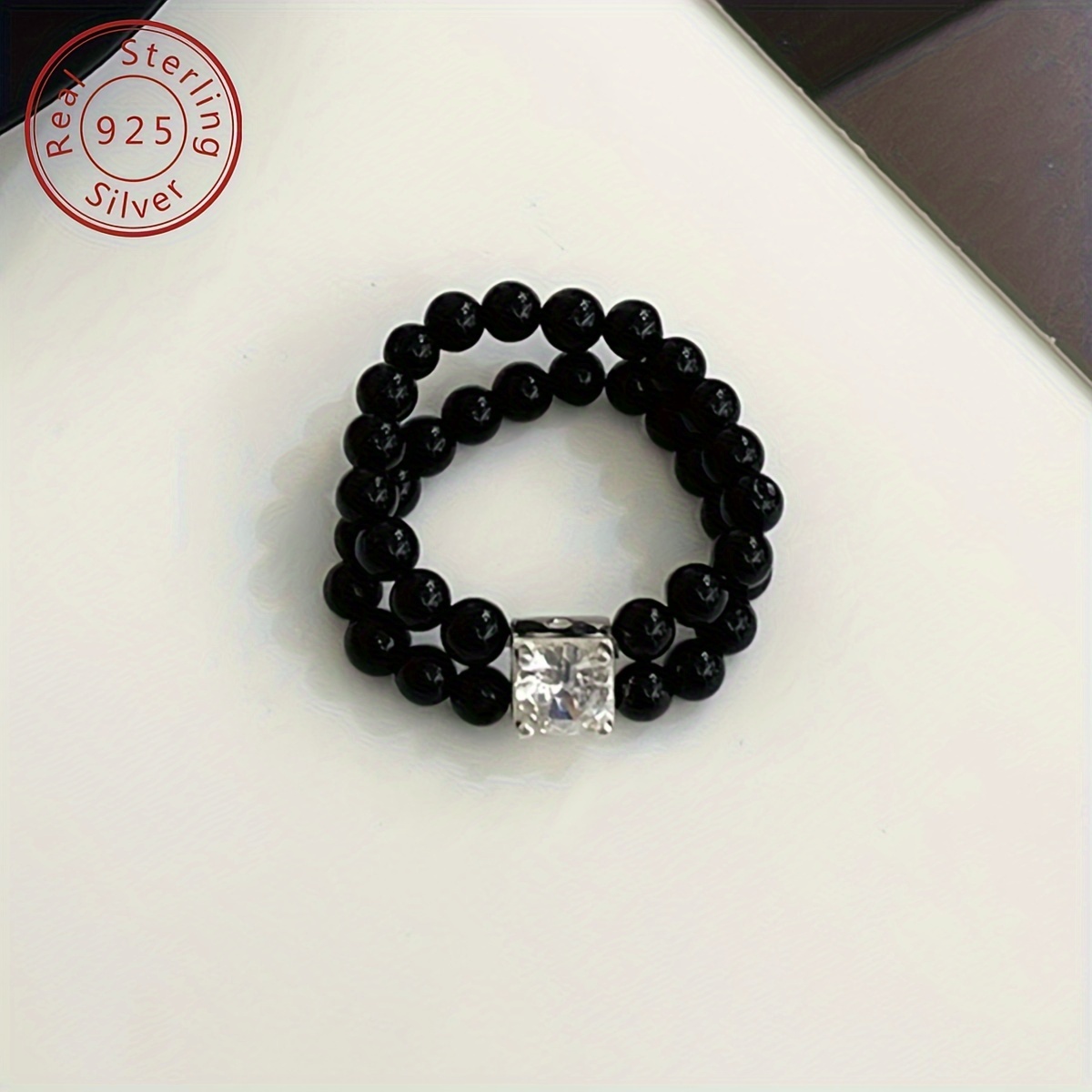 Image of A 925 Silver Double-layer Black Agate Elastic Ring, Featuring A Unique And , Perfect For Women To Wear On Casual Or Gatherings, Making It An Gift . Weighs 2.2 Grams