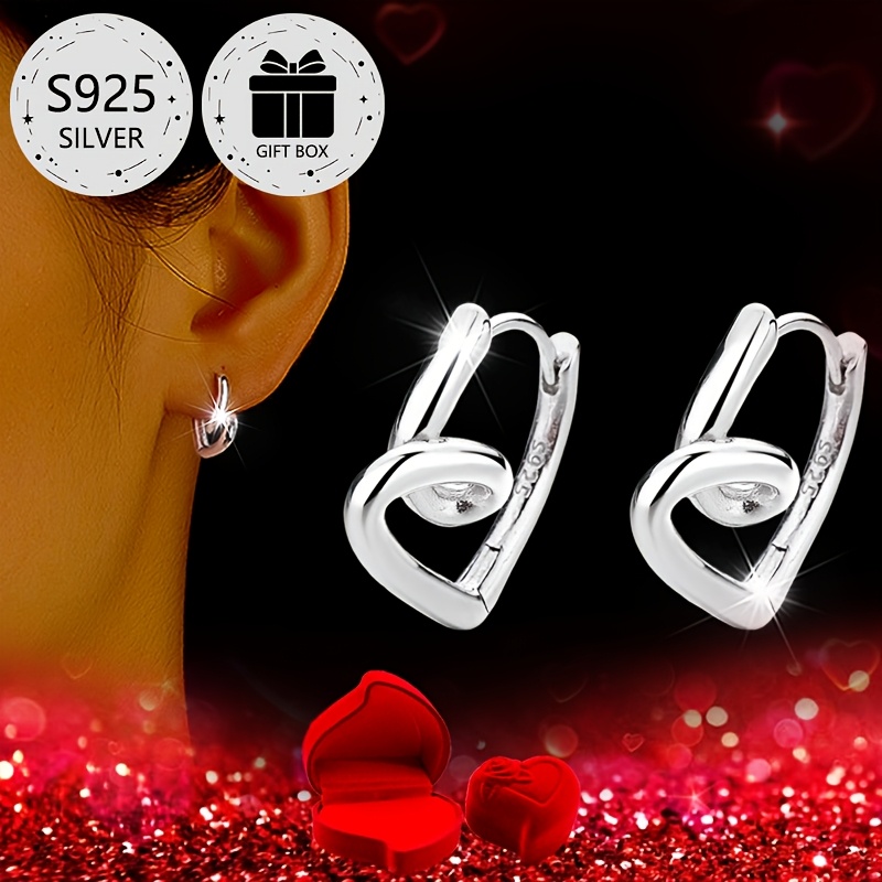 

[2pcs 925 Sterling Silver Heart Hoop Earrings] 2pcs Elegant Luxury 925 Sterling Silver Hoop Earrings, Irregular , With Gift Box, For , Parties, And , Perfect Valentine's Day Gift