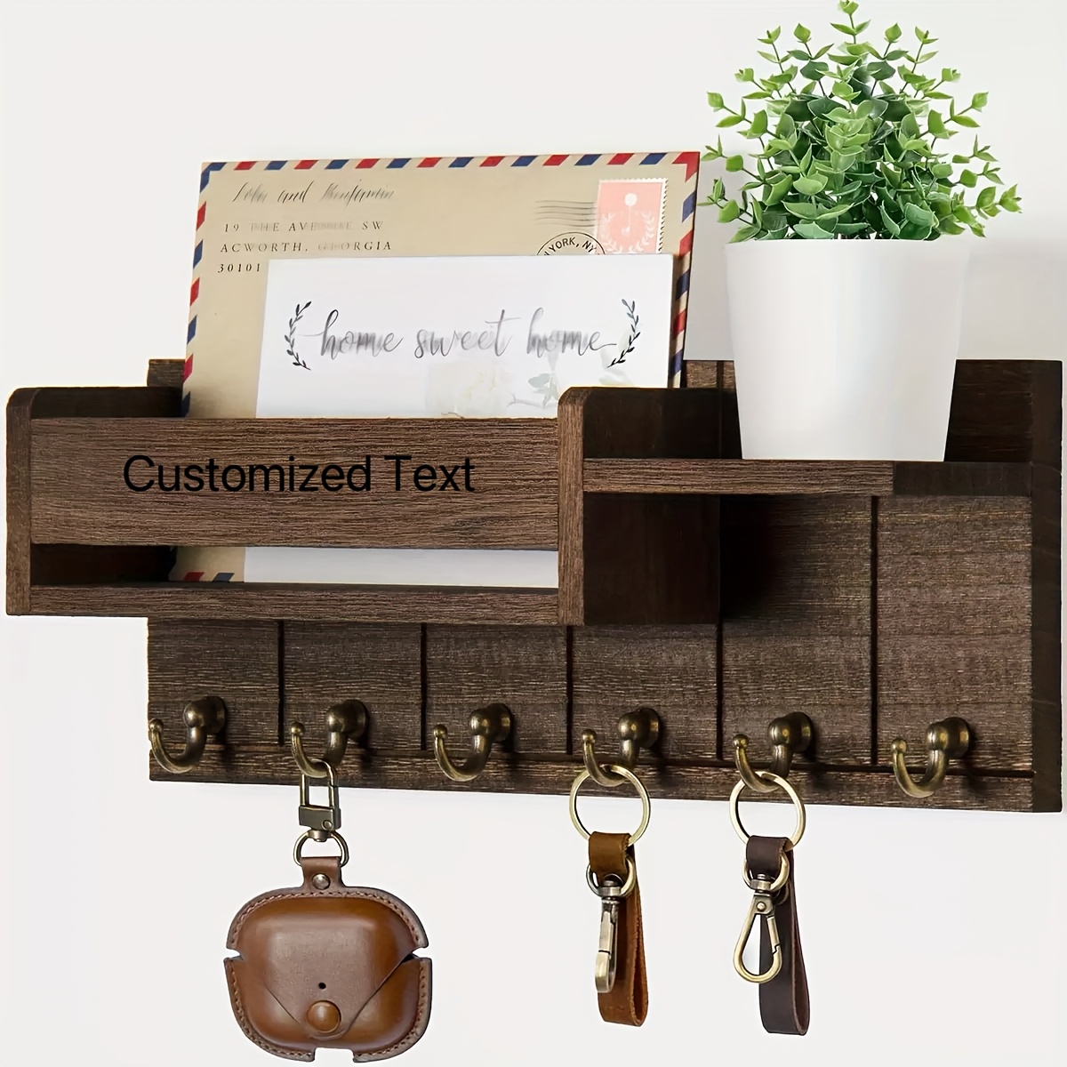 TEMU Custom Wooden 12.19 Wall-mounted Key Holder - Mail Organizer And Key Rack With Tray, In Dark Brown/black Color, Suitable For