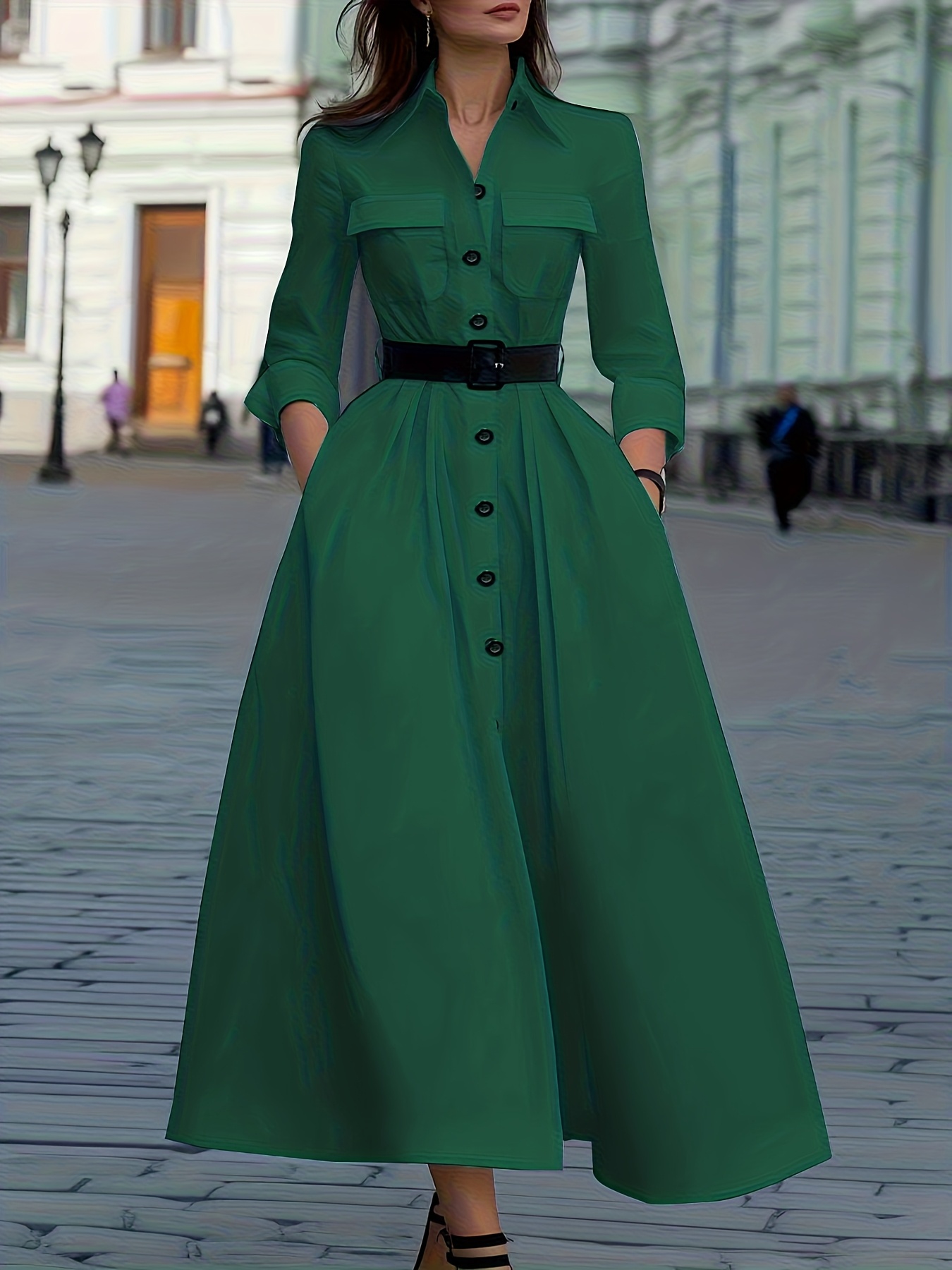 what colour shoes to wear with a dark green dress Women's In Perfect Order Green Stripe Button Front Ruffle Collar Midi Shirt Dress | Size: M main image 0