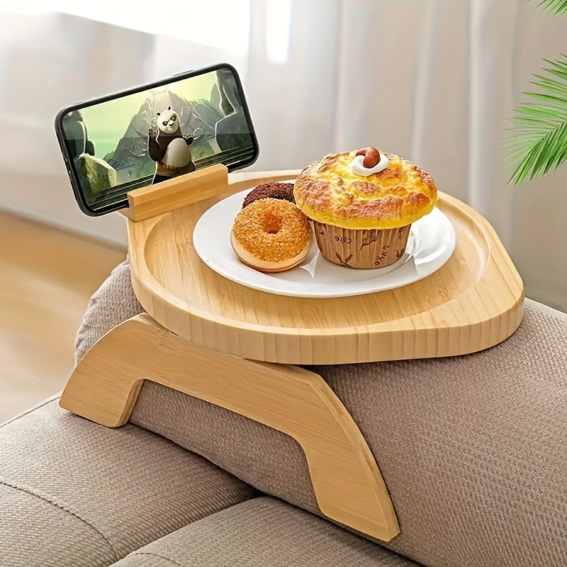 

Versatile Wooden Sofa Armrest Tray With Rotating Phone Holder - Foldable, Oval Breakfast & Snack Serving Plate