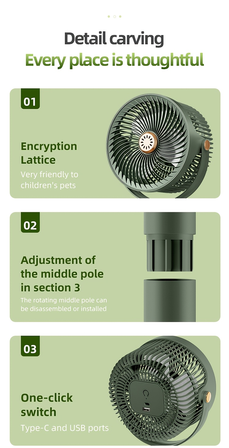 A Easy Outdoor Solar-Powered Floor Fan with a Circulating Function, Featuring Four Height Adjustment Modes, a Type-C Quick Charging Version, a Five-Speed Desktop Fan, a Retractable Electric Floor Fan, an Ultra-Long-Lasting Outdoor Cooling Device