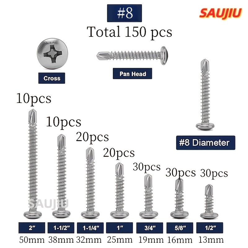 150pcs Assorted 410 Stainless Steel Pan Head Phillips Self Drilling Screws Sheet Screws- Size: #8 (1/2", 5/8", 3/4", 1", 1-1/4", 1-1/2", 2 ")