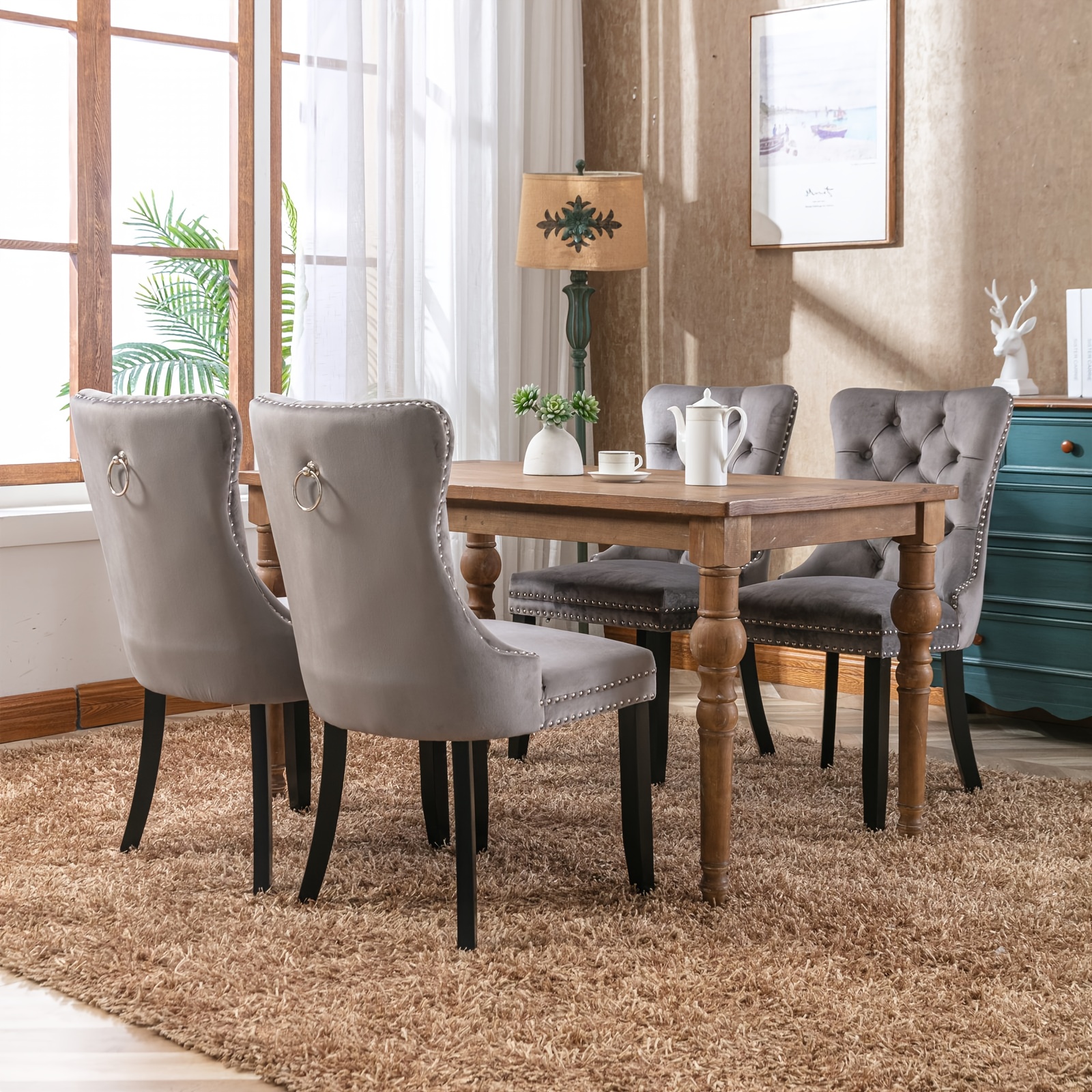 TEMU Lot de 2 chaises de salle à manger et luxueuses rembourrées avec garniture à clous - Sièges et dossiers à rembourrage , cadre solide adapté pour