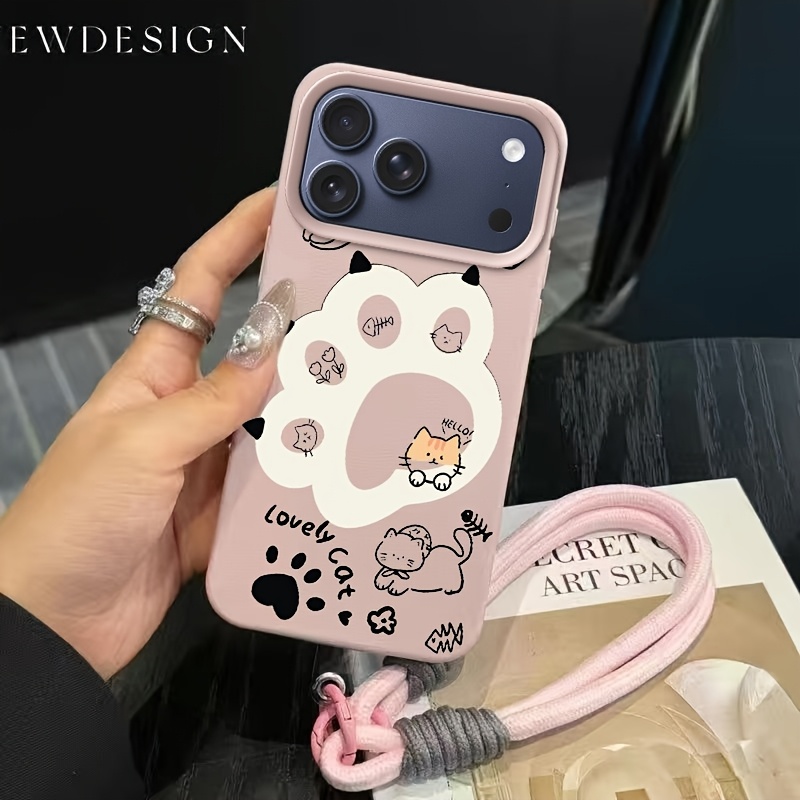 TEMU Phone Case - Cat Paw Print Pattern Phone Case With Matching Cord, Universal For Iphone 11-17 Series, Anti-drop, Ultra-thin And Skin-friendly,
