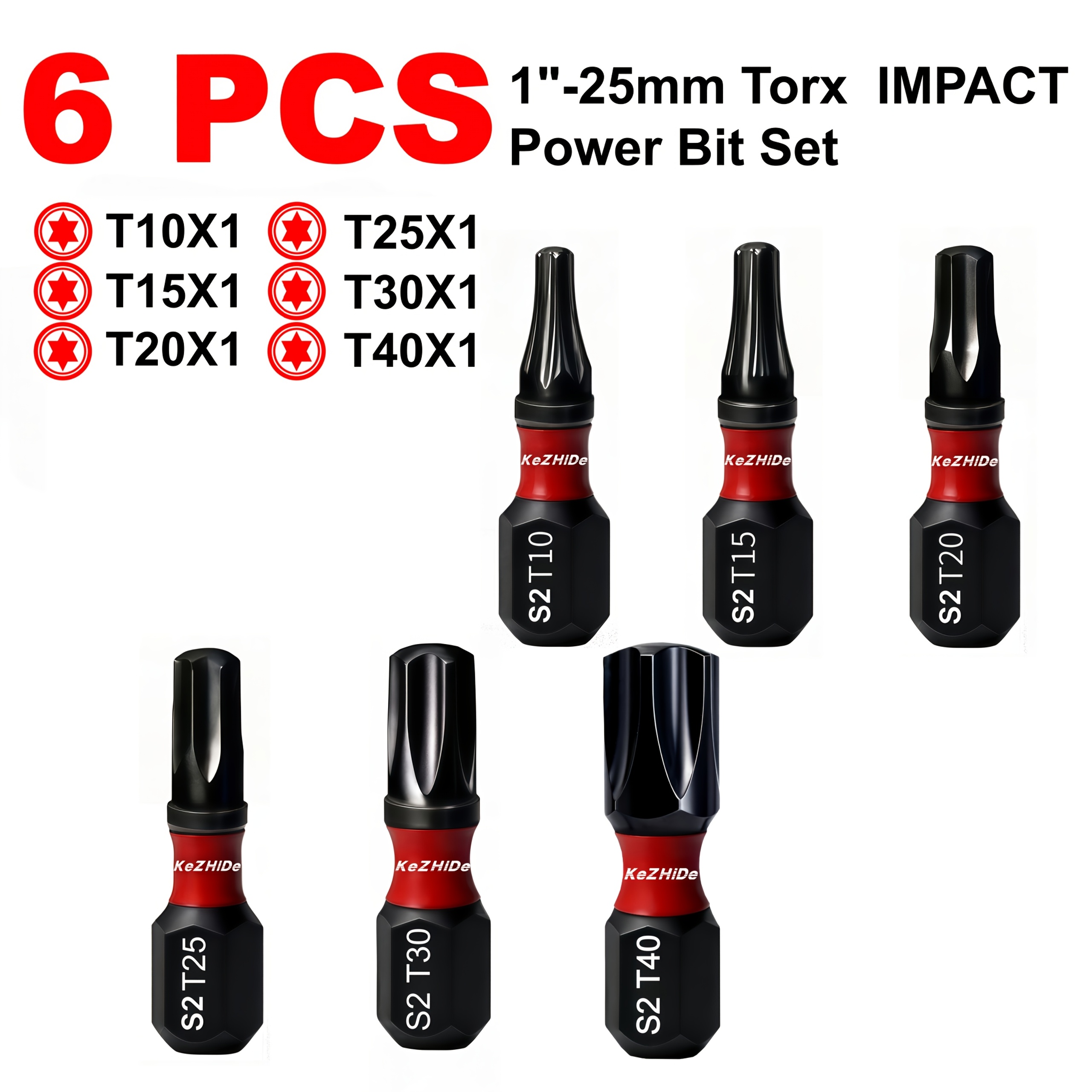 TEMU Jeu de 6/10 embouts de tournevis Torx KEZHIDE, 1 po/25 mm, spécifications de vis T7-T40, acier S2, robuste, durable, au couple et aux chocs,