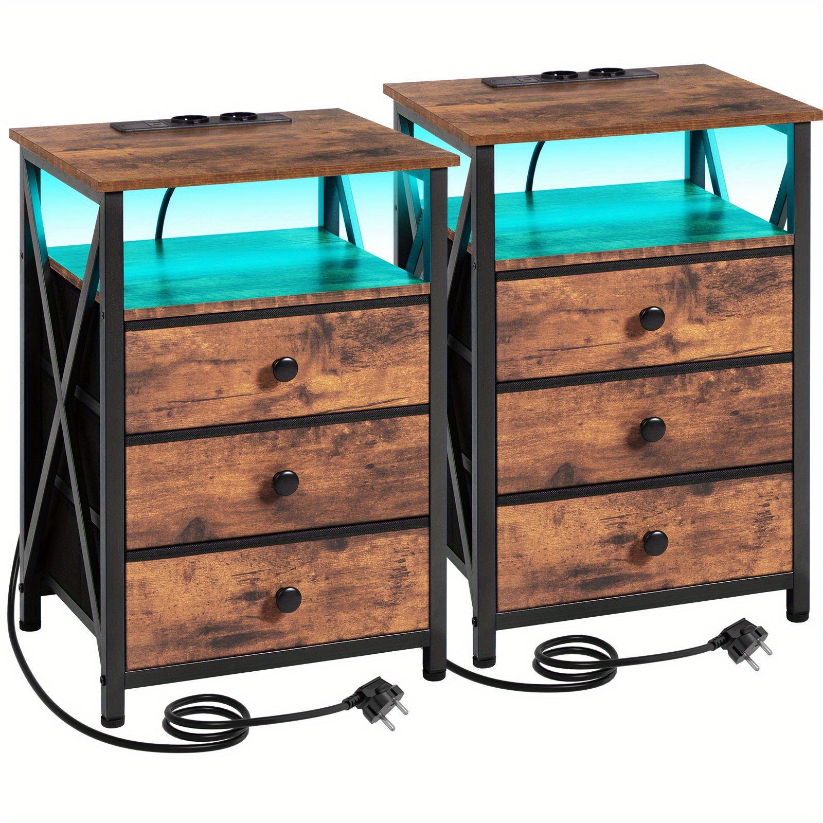 E-shop AMHANCIBLE Nachttisch-Set 1/2-tlg., LED-Nachttisch mit Ladestation, Beistelltisch mit USB-Anschluss Steckdose, Nachttisch mit 3 Stoffschubladen