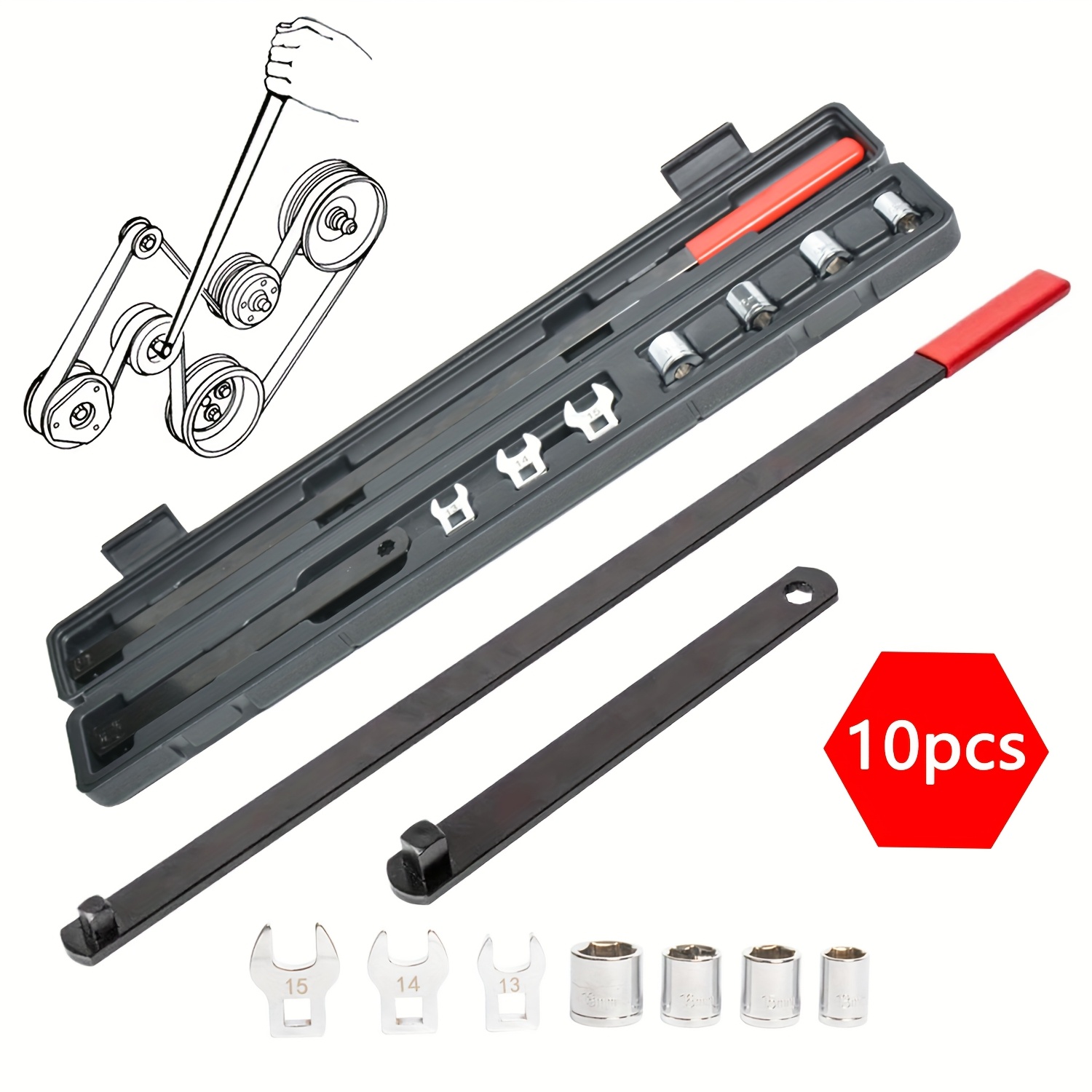 10pcs Belt Tool Set With Toolbox Universal Belt Tensioner Tool Kit Car Engine Belt Tightener Wrench Set, Uncharged Manual Operation