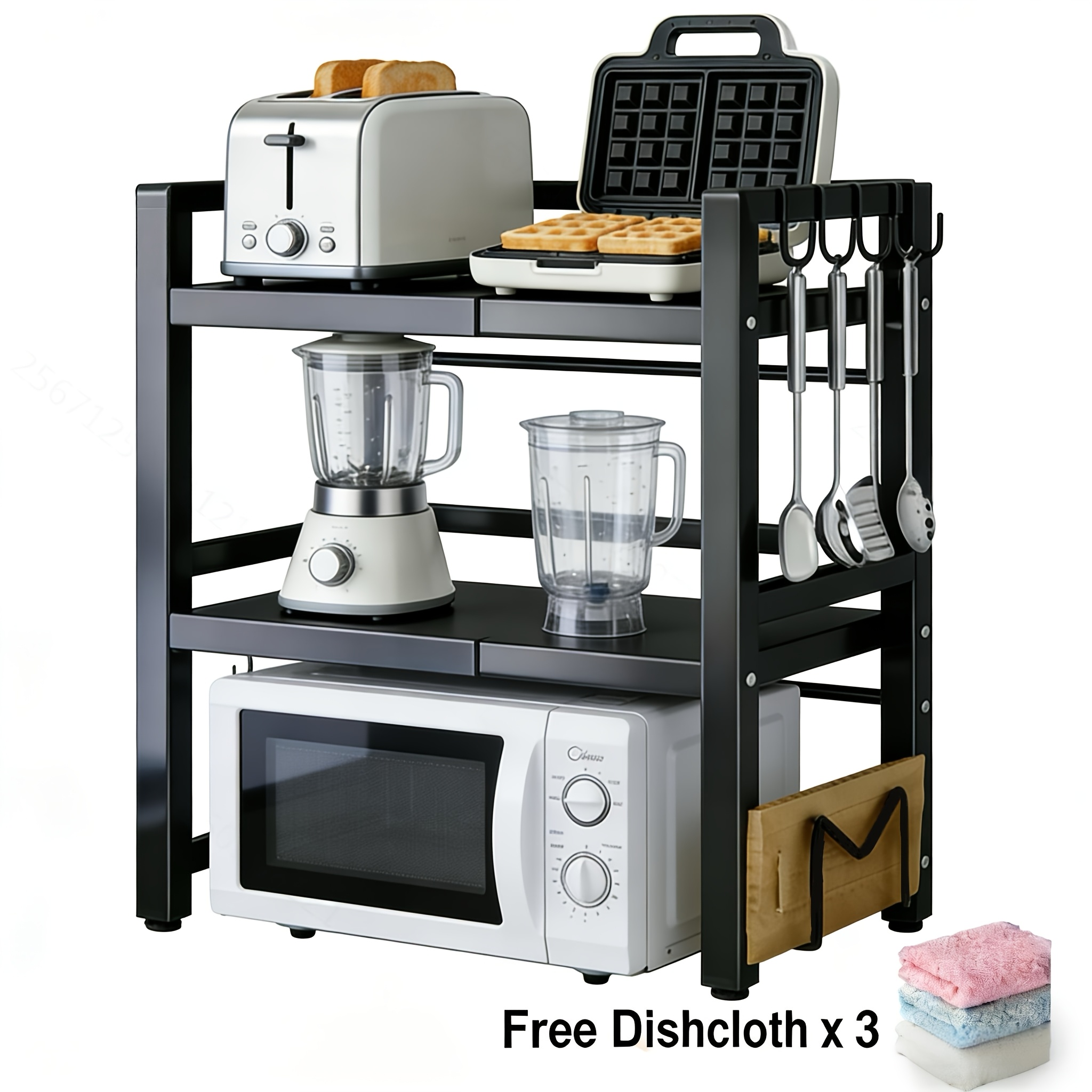 E-shop Mikrowellenregal, 3-stufig ausziehbares Küchenregal für die Arbeitsplatte, mit 6 Haken, 3 Handtuchhaltern Schneidebrettregal. Geeignet als