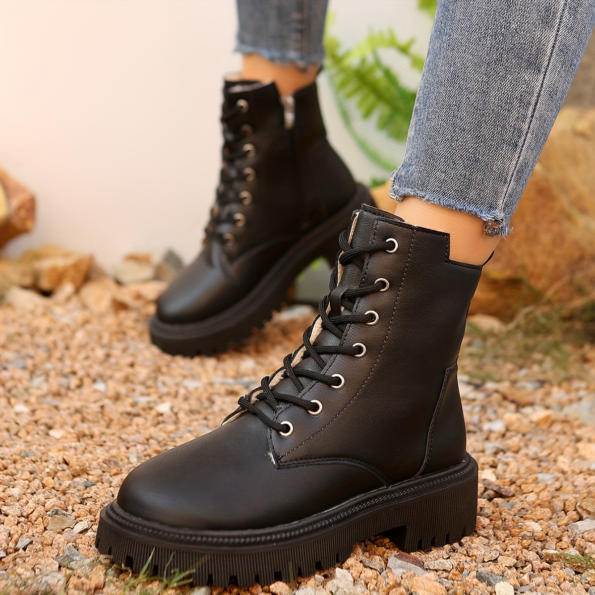 

Bottes à cheville pour femmes avec fermeture à glissière, simili cuir, talon plat, couleur unie, toutes , tissu intérieur chaud, semelle en PVC