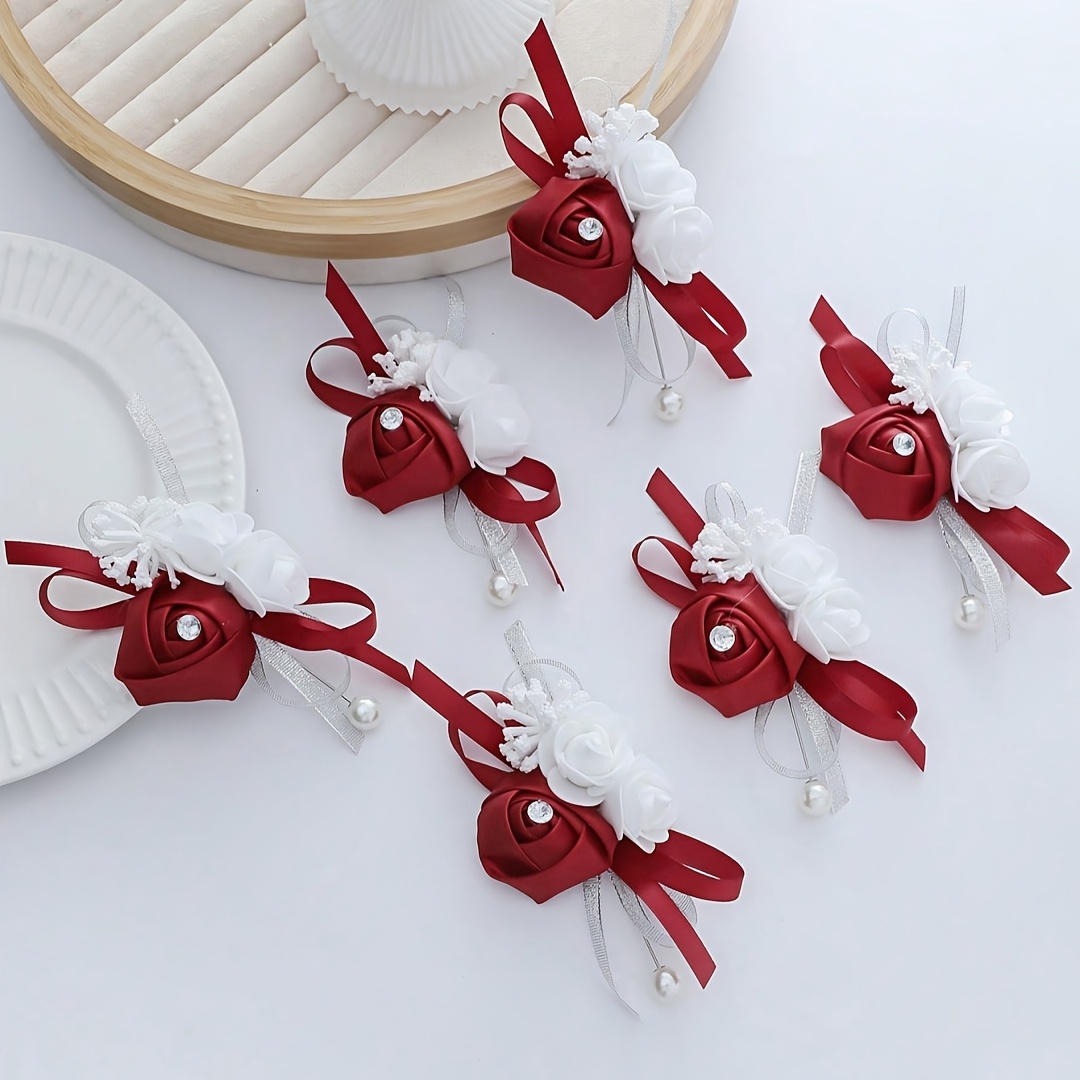 TEMU 6pcs Aesthetic Rose Flower With White Foam Flowers And 's Breath Premium Corsage Set Suitable For Bride And Groom Wedding Decoration, Evening