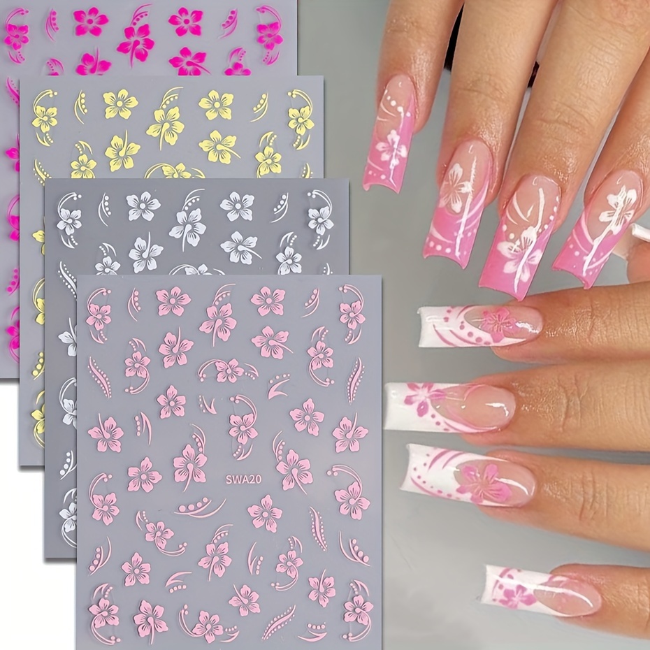 

4-piece Hibiscus Flower Nail Art Stickers - Self-adhesive, Sparkle Finish Decals For Diy Manicure - Pink, White, Yellow & Magenta