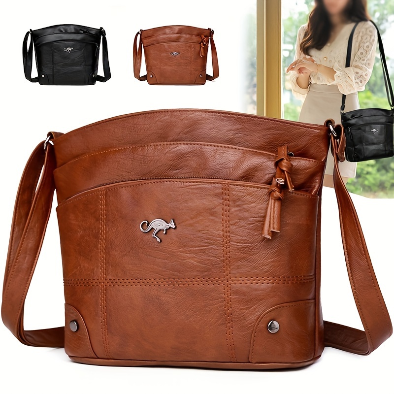 

Vintage-style Women’s Shoulder Bag - Large Capacity Soft Pu Bag With Adjustable Strap, Multiple Compartments, And Decorative Tassel In Light Brown/black, Crossbody Bag