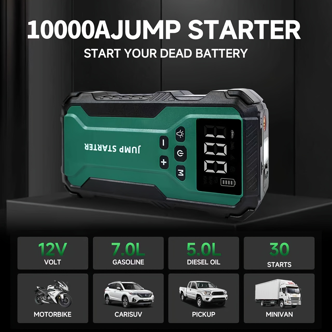 10000a 7 in 1 multi functional emergency   supply with air pump 150psl portable car battery starter digital tire inflator suitable f  64 gallon gasoline   38 gallon   battery led emergency light car emergency tool Product details 1