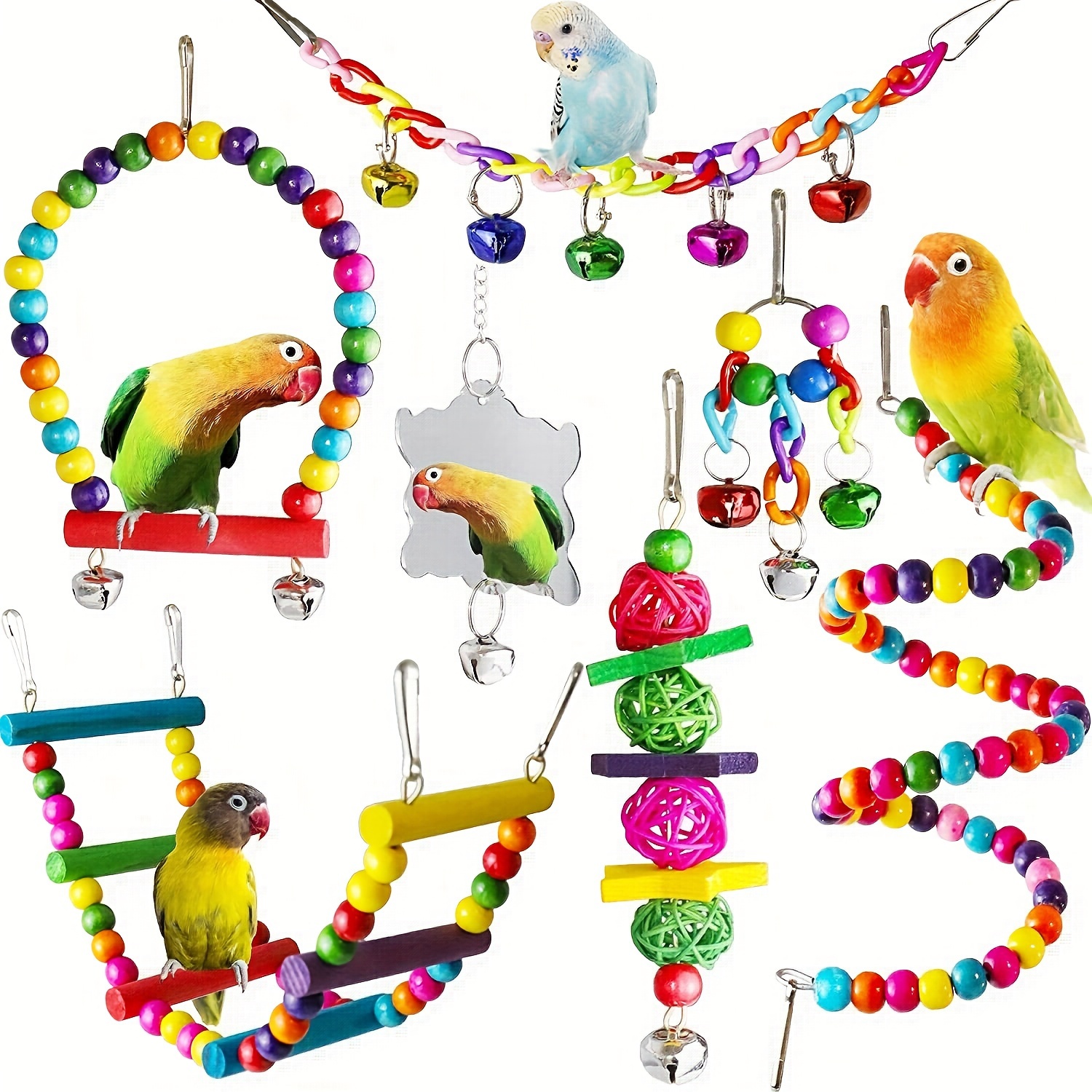 

7pcs/set Bird Toys, Bird Chewing Toy, Coloful Bird Swing , Bird Ladder Hanging Bird Mirror Toy, Birdcage Accessories For Parakeet, Conure, , , , Finch