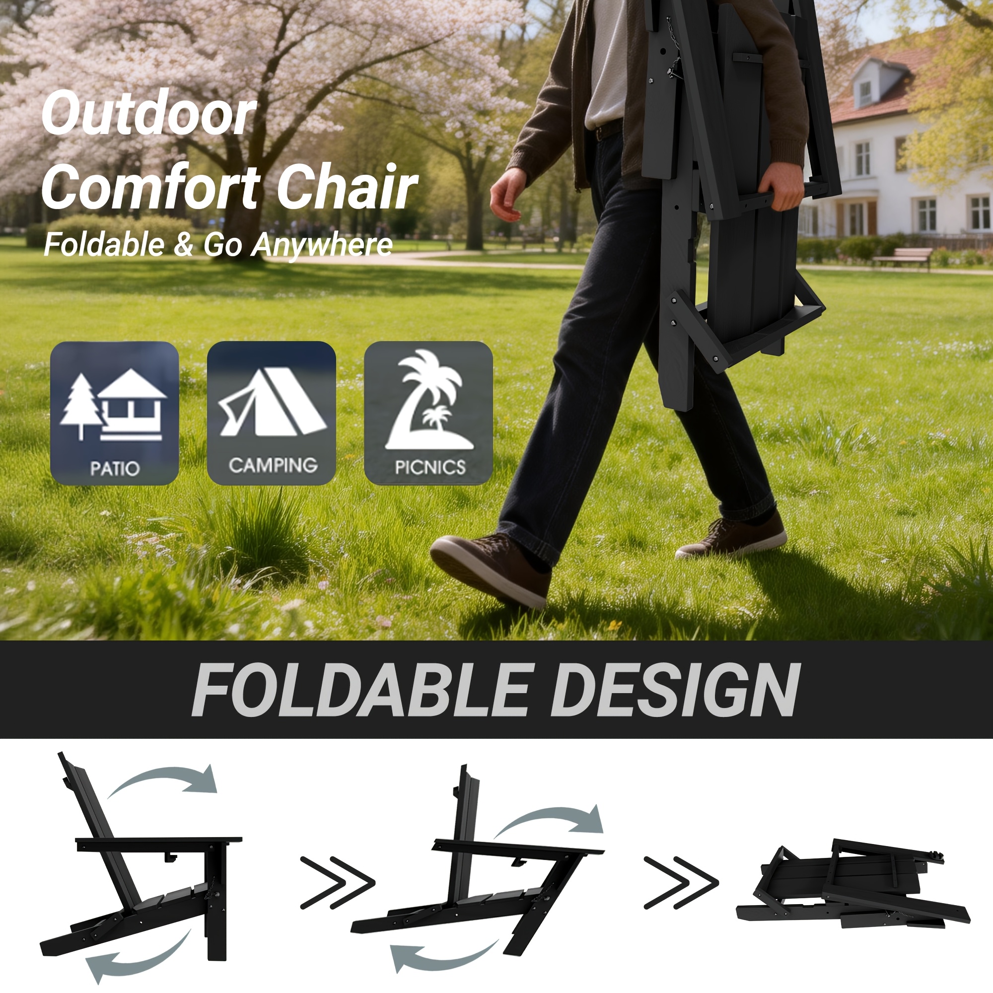 [Durable Outdoor Patio] Leasable 4pcs Folding Adirondack Chair Durable Oversized Ergonomic Plastic Outdoor Patio Furniture With Built-In Phone Holder And Cup Holder, Weather Resistant Fire Pit Chair For Patio Backyard, Deck