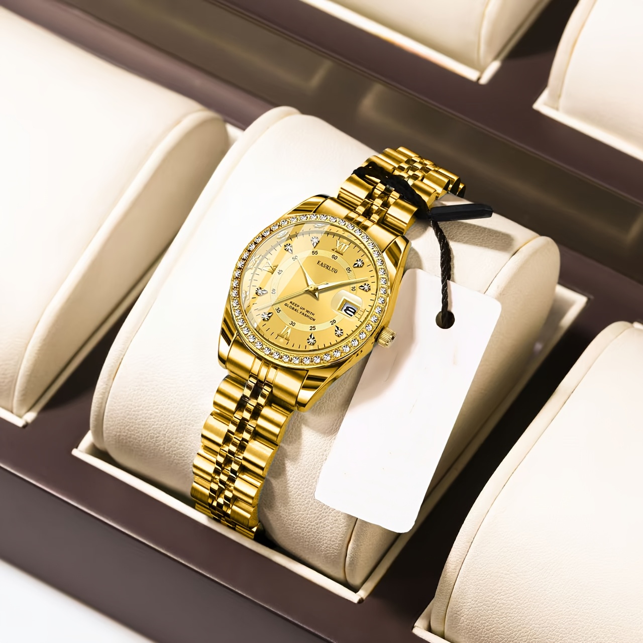 KASRLUO Women's Stainless Steel Quartz Watch with Luminous Rhinestone Date Display, Blue Dial & Golden-Tone Band - Elegant Business Style, Casual Elegance | Elegant Timepiece | Luminous Dial