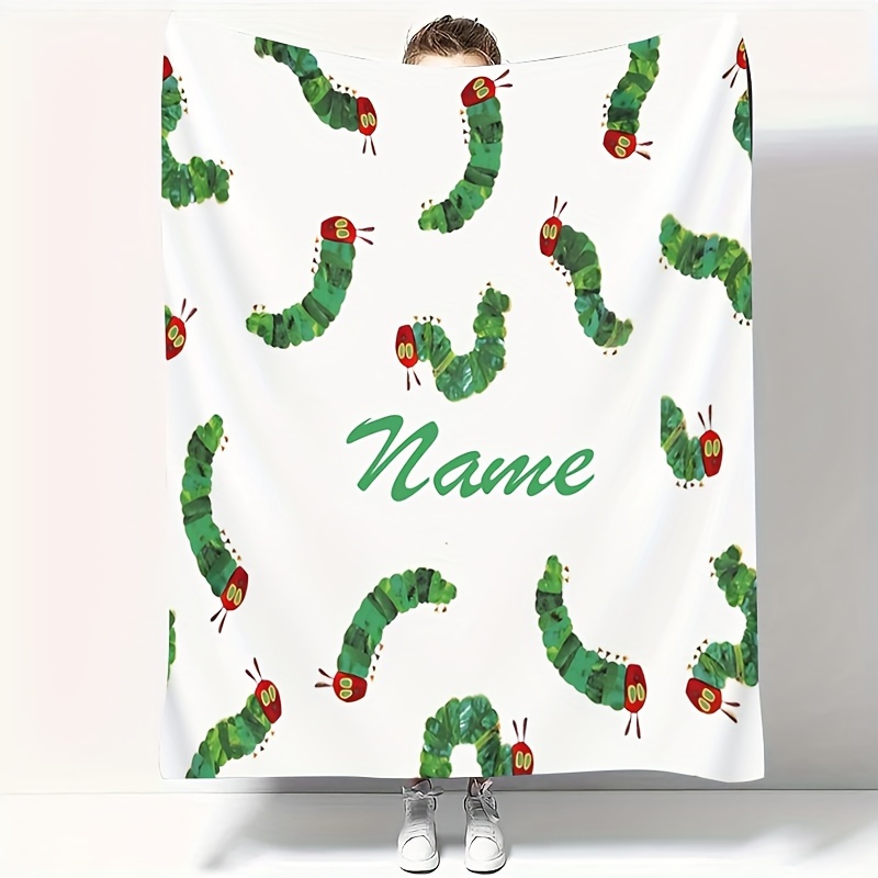 

Customizable Caterpillar Throw Blanket With Personalized Name, Soft Plush Bedding For Sofa, Office, And Camping, Hypoallergenic Knitted Polyester, Machine Washable, Cartoon Print Design - 1pc