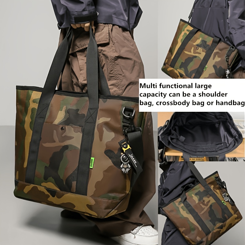 Image of Camo Nylon Tote Bag - Large Capacity, Durable With Adjustable Strap | Casual Outdoor Shoulder & Crossbody Bag With Reflective Detail & Free Keychain Charm