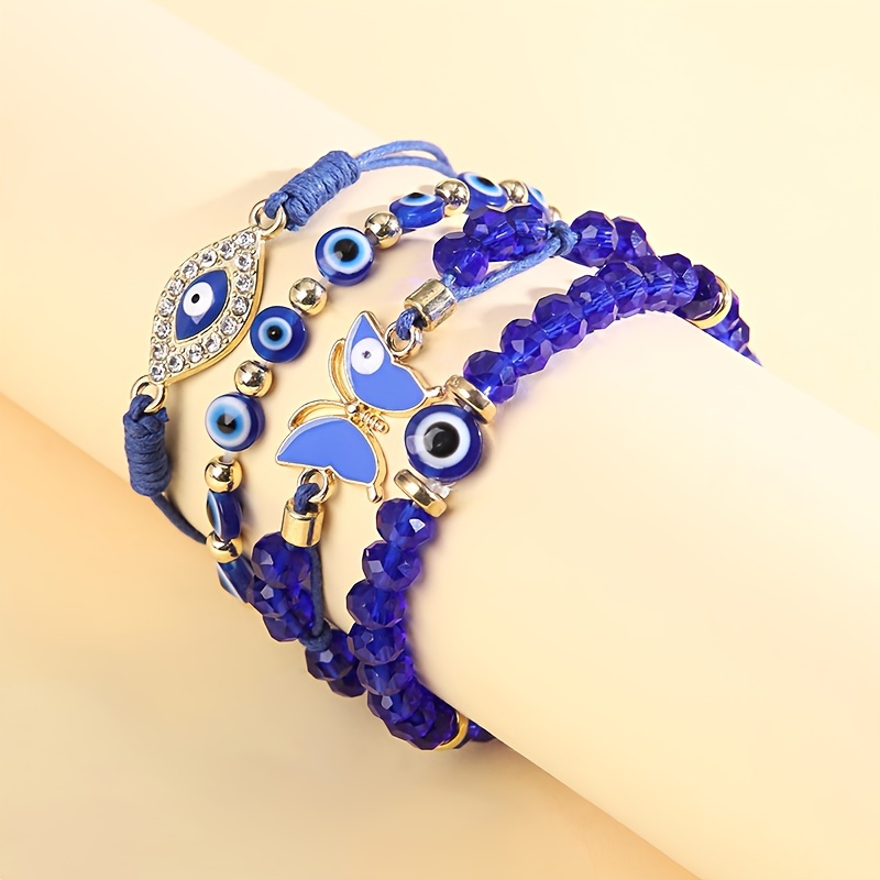 

4pcs Tribal Style Blue Evil Eye Butterfly Charm Hand-woven Acrylic Bead Stackable Set, For Daily And Party Wear, With Bracelet Gift For Thanksgiving, All