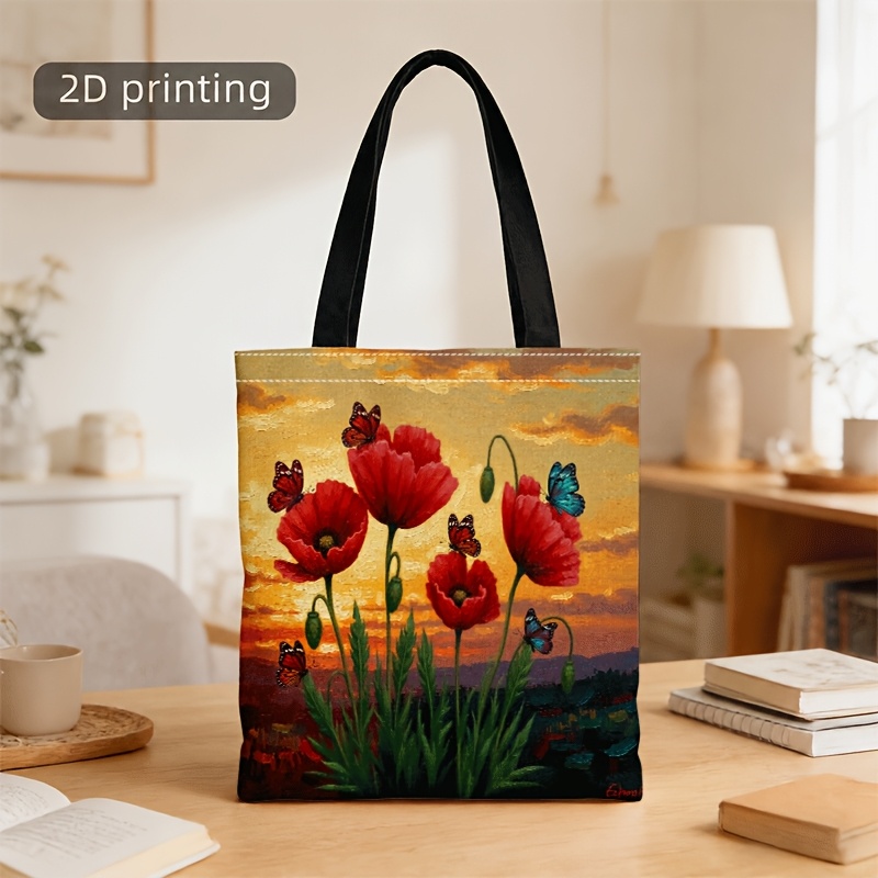 TEMU Crossbody And Handbag For Men And Women, Oil Painting Style Poppy And Sunset Print, 2d Art Unisex Tote Crossbody Bag For Daily Commute And