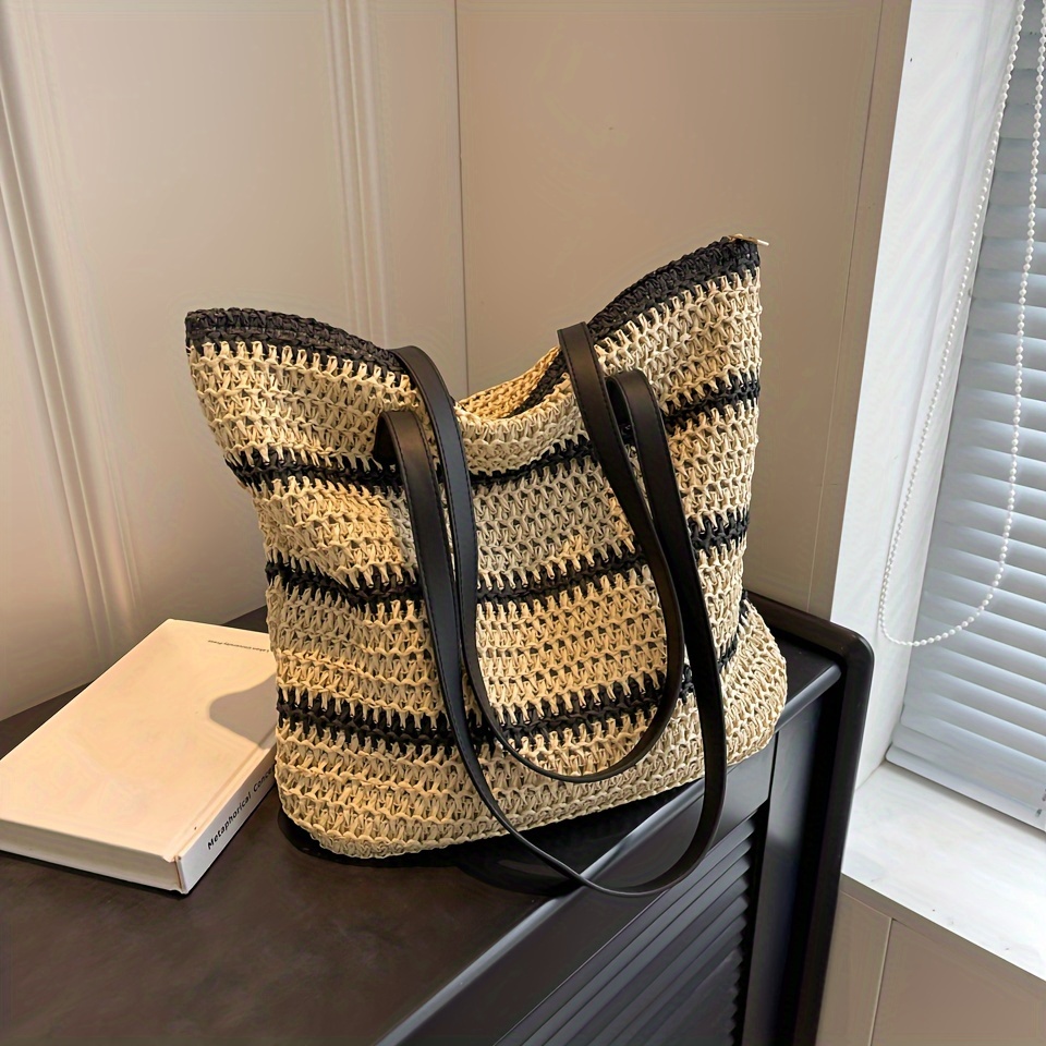 

Striped Woven Paper Straw Bag, Summer Travel Vacation Tote Bag, Boho Style Shoulder Bag For Women