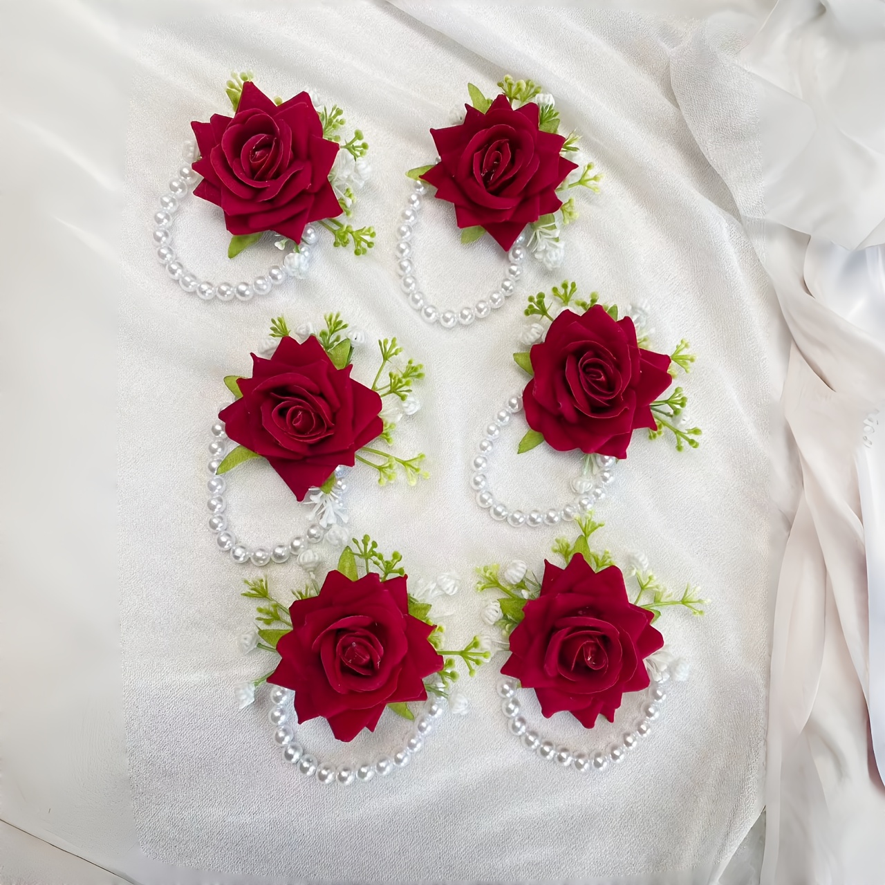 Image of Red Rose Wrist Boutonniere Set Of 6, Wedding Bride Flower Wrist Decor, Handmade Decoration, Suitable For Ball Reunion, Wrist Flowers For Bride, Maid Of Honor, Wedding Party, Anniversary, Banquet Dance