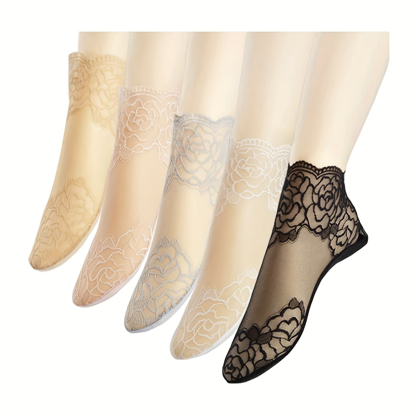 

5 Pairs Lace Mesh Socks, Sweet Ruffle Invisible Socks, Women's Stockings & Hosiery