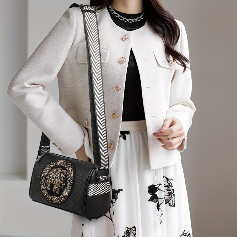 womens fashion shoulder bag trendy boston crossbody bag with geometric pattern strap elegant all pu leather handbag details 1