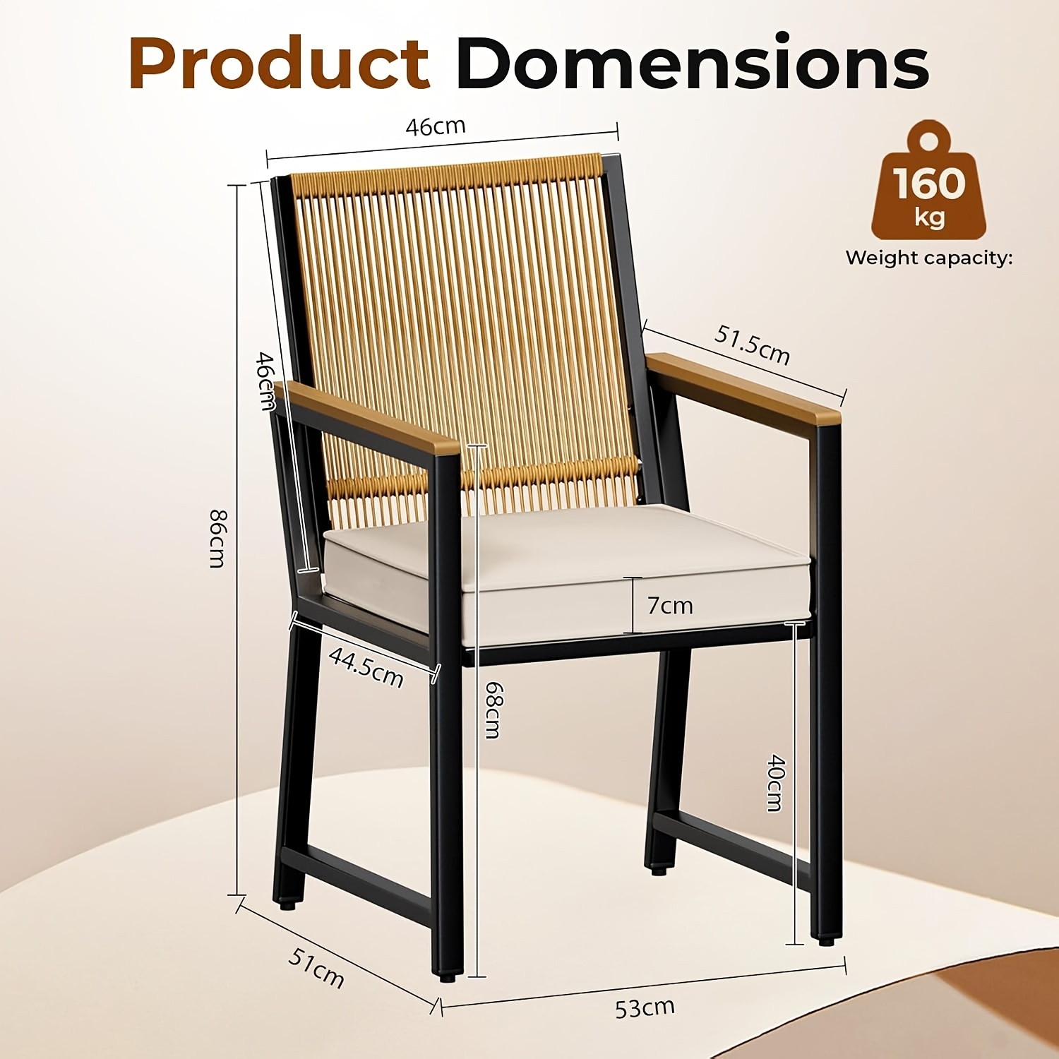 Image of Outdoor Rattan Chair, 51x53x86cm, With Wpc Armrests, Heavy Duty 160kg, Balcony Dining Chair, Coated Metal Frame, Easy Assembly, 7cm Removable Cushion, For Patio, Balcony, Cafes