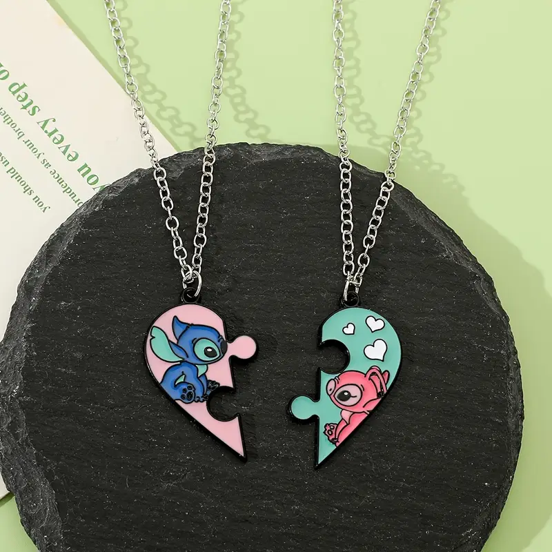 1 par de collares con pendientes de rompecabezas de de para mujeres - lindo joyería de aleación de con dibujos animados, rosa y , regalo para , fiestas y uso casual detalles 1