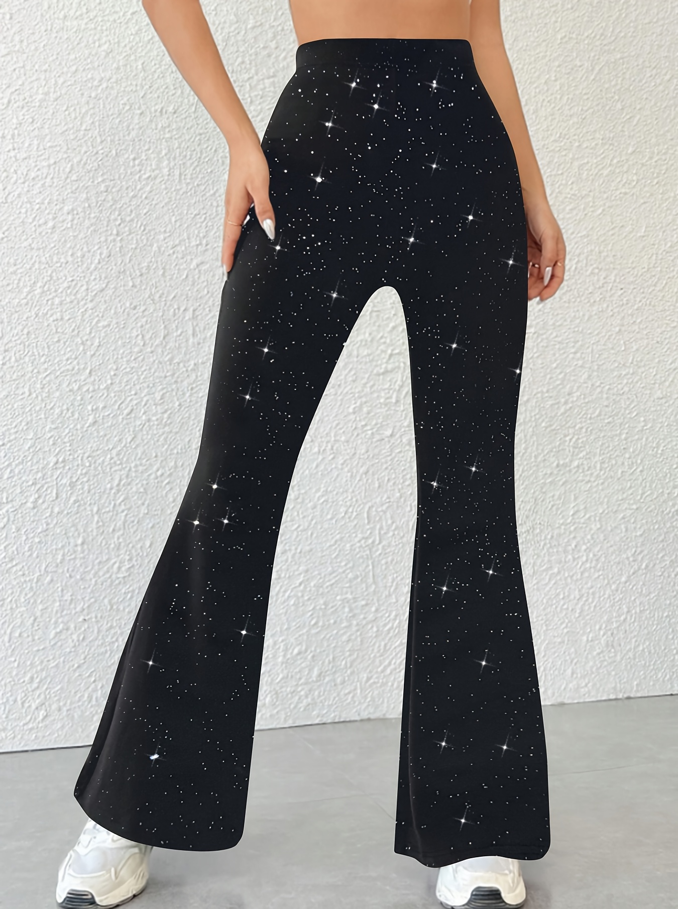 Women'S High-Waist Sparkling Flare Pants Stretchy Black Pants with  Starry Night Design Casual or Party Wear, Cute and
