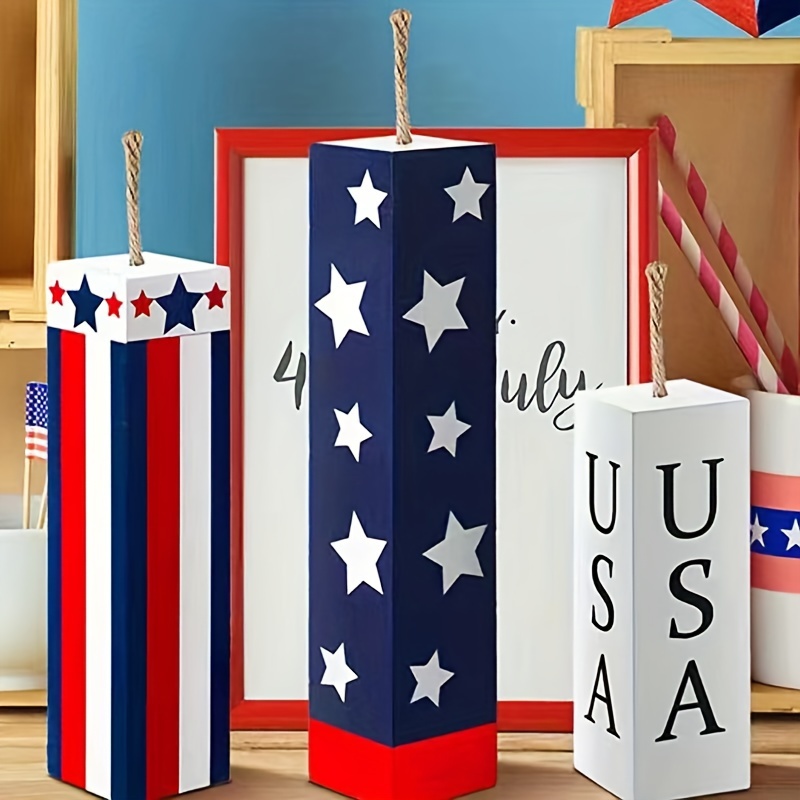 

3pcs, 4th Of July Wooden Set Fireworks Decoration Wooden Blocks Wooden Crafts Desktop Ornaments Independence Day Ornaments Desktop Party Decoration Crafts