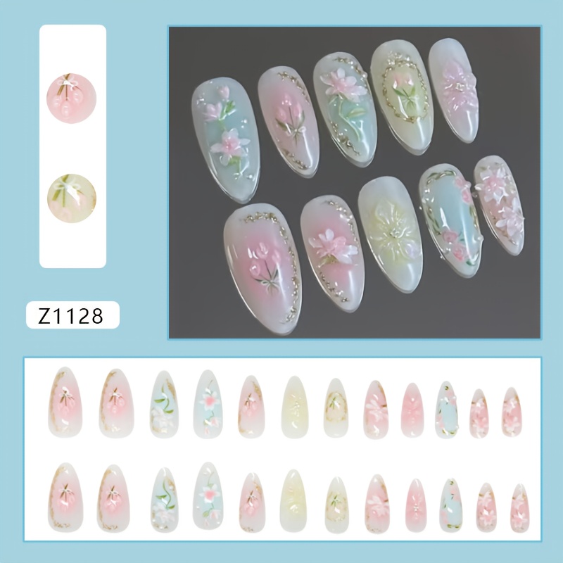 TEMU Three-dimensional Light Floral Blush Pearl Fine Shimmer Sweet Versatile European And American Detachable Wearable Nail 24pcs