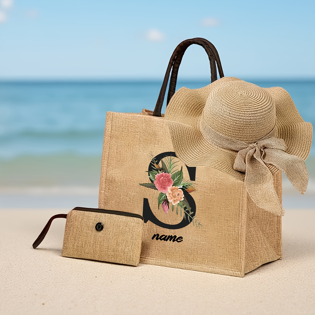 TEMU Ensemble 3 pièces personnalisé pour la plage : sac fourre-tout, chapeau de plage et trousse de toilette. Sac fourre-tout et trousse de toilette,