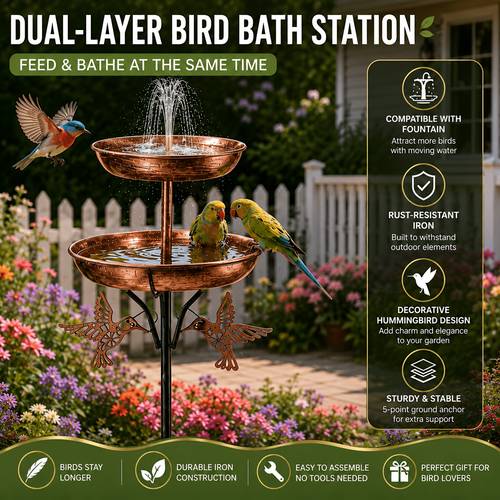 2-Tier Bird Bath And Bird Feeder Station, Outdoor Garden Decor for Yard, Patio And Lawn, Decorative Bird Bath with Hanging Feeder