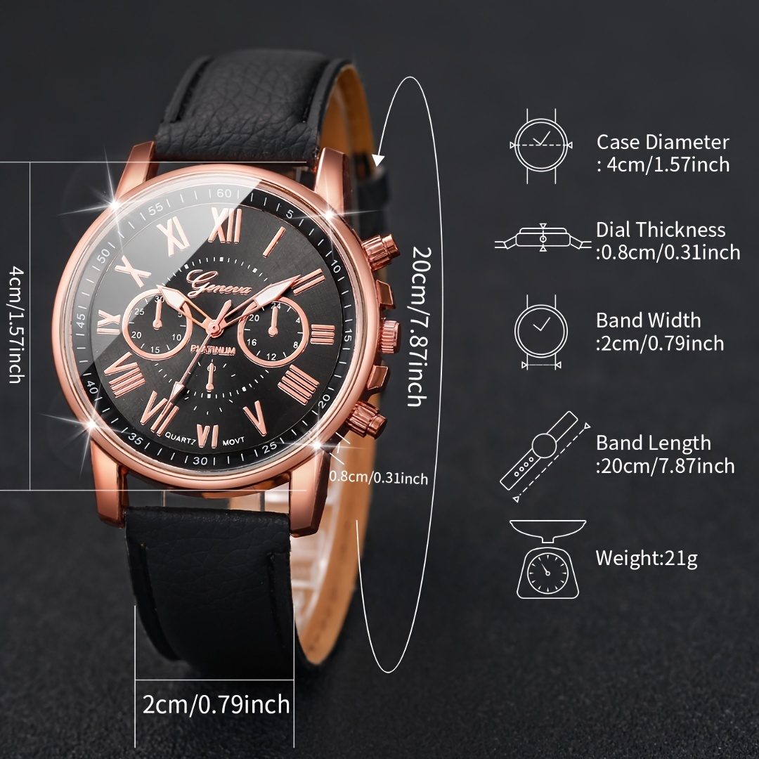 ladys pu leather strap wristwatch with roman numerals and three dials quartz movement zinc alloy case and electronic drive details 3