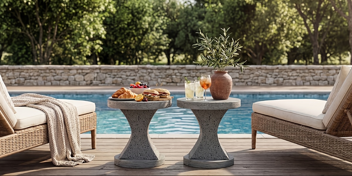 Modern Sculptural Mgo Outdoor Side Table, Grey Faux Wood And Stone Cylinder Nesting Table Set, Weather-Proof Concrete Garden Stool for Patio Living Room